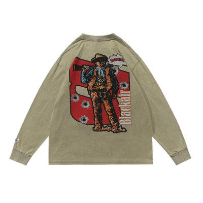 Playera Holgada Estampado Denim Lavado Desgastado Manga Larga - Image 5