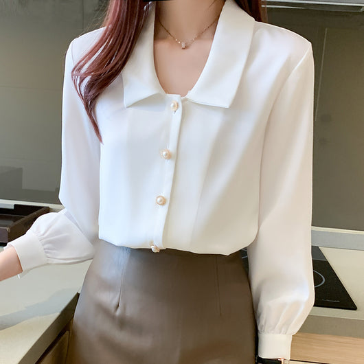 Blusa de Satén Estilo Coreano con Mangas Largas y Temperamento Exclusivo
