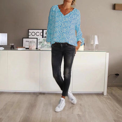 Blusa Suelta Estampada de Manga Larga en Gasa - Image 12