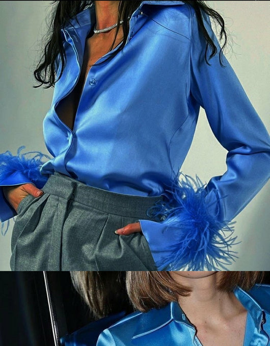 Blusa Larga de Satén Suave con Solapa de Plumas de Avestruz - Lujo Francés para Mujer - Image 9