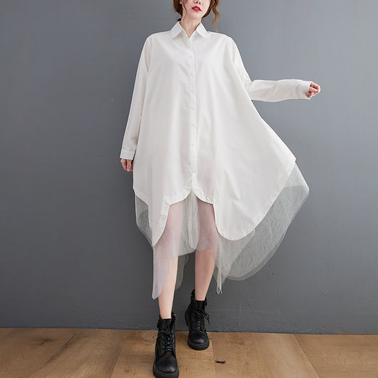 Vestido Camisero Holgado de Doble Capa con Malla Irregular - Image 6