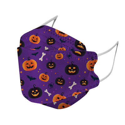 Two black KF94 Halloween masks with a pattern of dancing skeletons, purple bones, bats, and candy corn. - Image 12