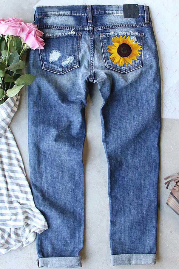 Jeans Rotos Estampados Cintura Media para Mujer