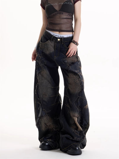 Jeans Rotos Tie-Dye Negro Estilo Retro Hot Girl - Image 15