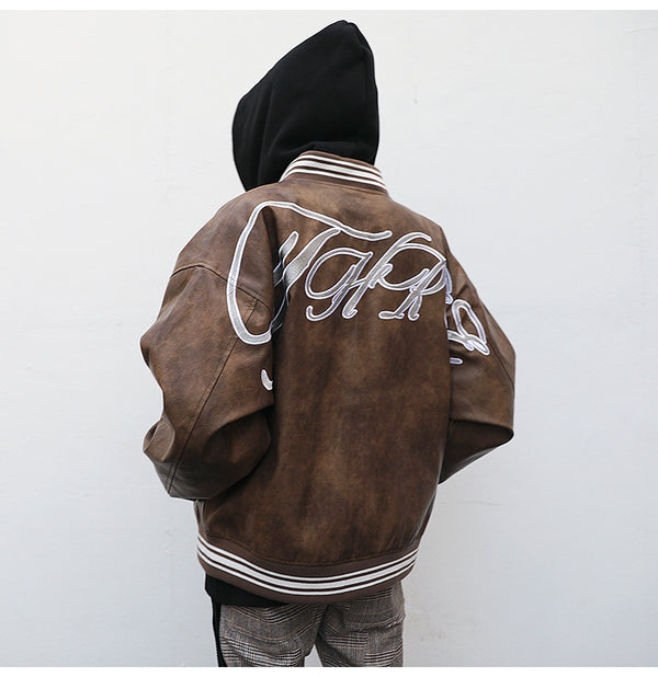 Chaqueta Beisbolera de Cuero con Bordados Artesanales