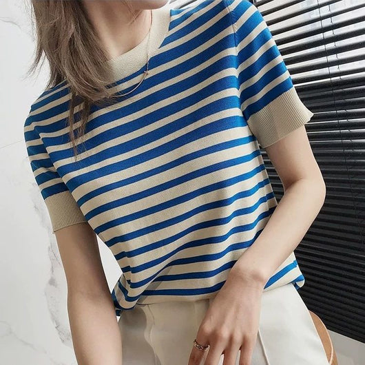 Blusa Holgada Ice Silk a Rayas con Cuello Redondo para Mujer - Image 5