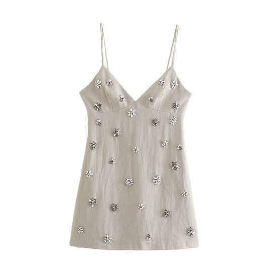 Vestido Mini Feng con Escote V y Detalles de Cristales