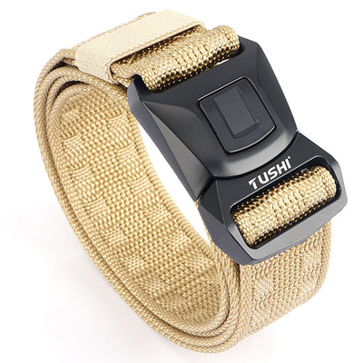 Men's tan tactical belt with a black quick-release buckle, coiled on a white background. - Image 10