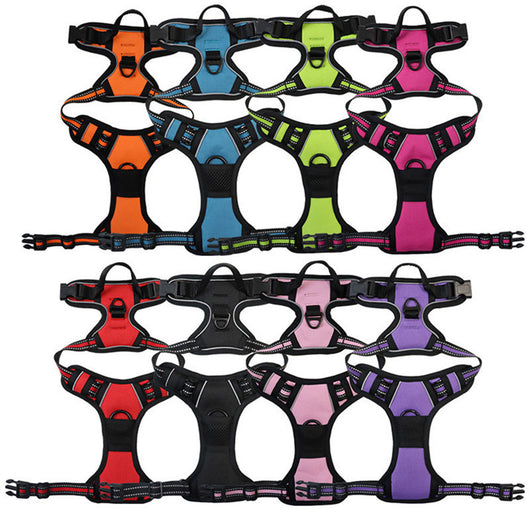 Red and black dog harness with reflective strips, adjustable straps, and a top handle for secure pet control. - Image 4