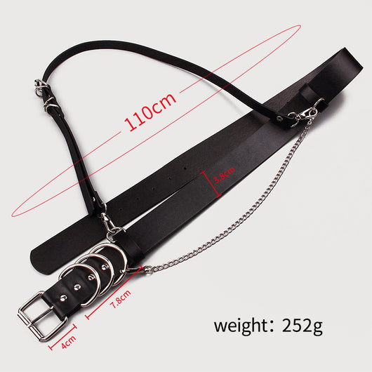 Black waist belt with single shoulder strap, silver buckle, D-rings, and decorative chain. - Image 12