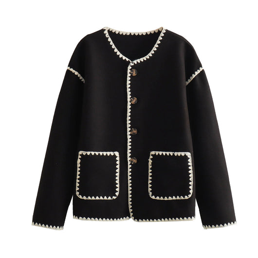 Chaqueta de Lana Elegante con Detalles de Bolsillos y Combinación de Colores Europeo-Americana - Image 4