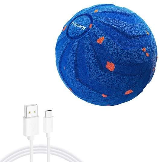 Black textured pet toy ball with blue accents and 'PetZynergy' logo, shown with a white USB-A to USB-C charging cable. - Image 2