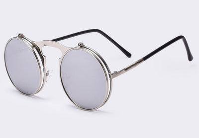 Retro flip-up sunglasses with round dark polarized lenses and a gold-tone metal frame with dark red temples. - Image 9