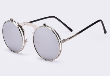 Retro flip-up sunglasses with round dark polarized lenses and a gold-tone metal frame with dark red temples. - Image 9