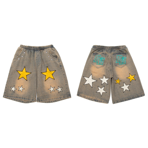 Shorts de Mezclilla con Parche Bordado Pentagrama para Hombre