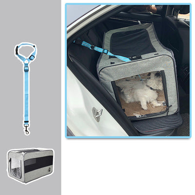 Blue soft-sided pet travel carrier bag with mesh windows, shown assembled and folded flat for storage. - Image 19