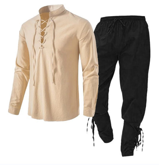 Conjunto de Dos Piezas: Camisa Casual de Lino y Algodón Manga Larga Color Sólido - Image 23
