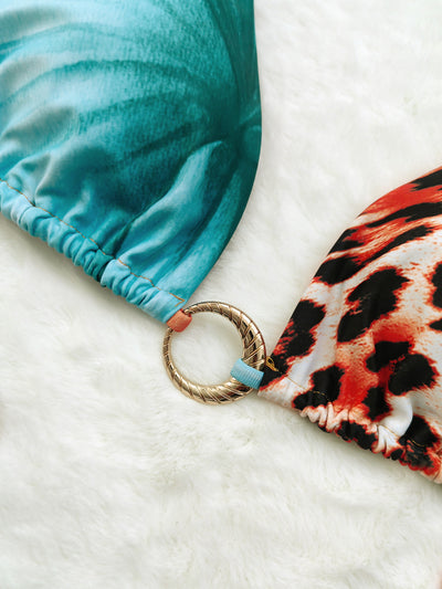 Leopard print and hibiscus floral bikini set with sheer maxi cover-up dress in red, orange, blue, and green. - Image 7