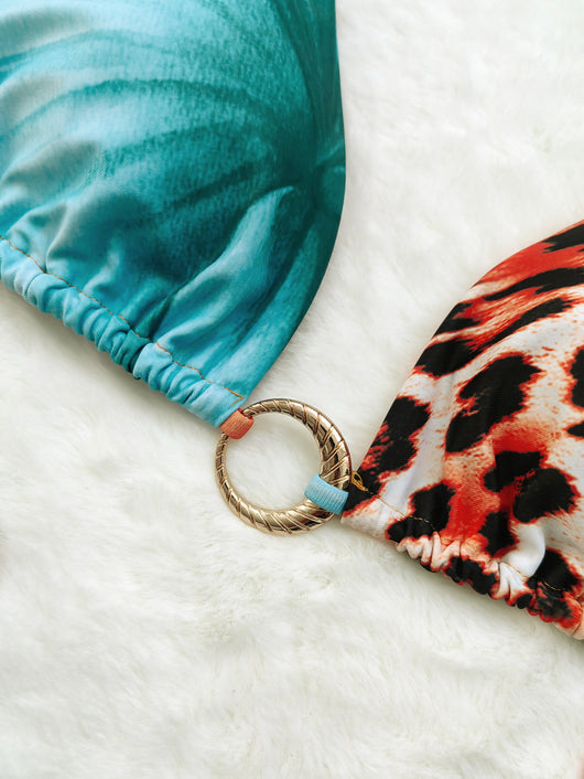 Leopard print and hibiscus floral bikini set with sheer maxi cover-up dress in red, orange, blue, and green. - Image 7