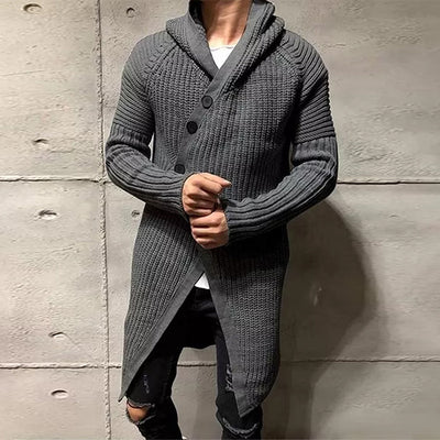 Suéter Abrigo Largo con Capucha para Hombre Botones Color Sólido - Image 9