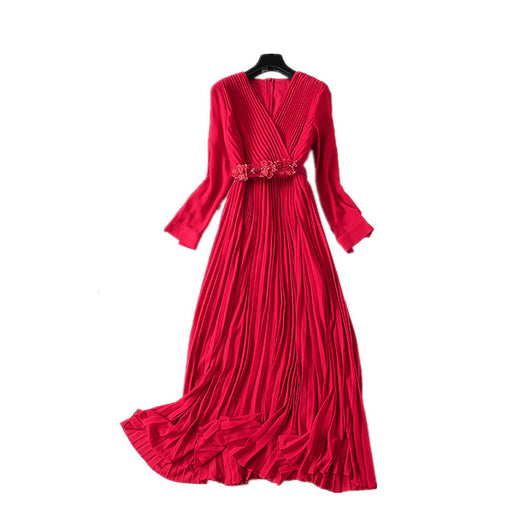 Vestido Elegante Cuello V con Falda Plisada Larga para Mujer - Image 2