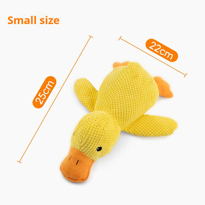 Yellow plush duck dog toy with ribbed texture, orange beak and feet, and black eyes, measuring 25cm long. - Image 5