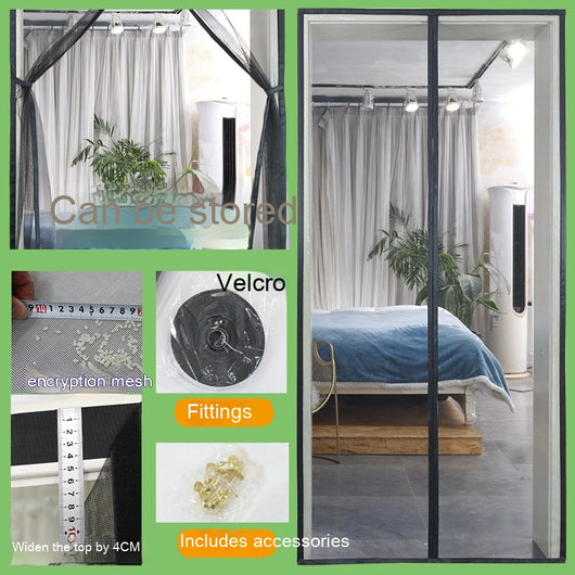 Black fiberglass mosquito-proof screen door mesh with magnetic closure, shown installed in a doorway and with close-ups of its features. - Image 7