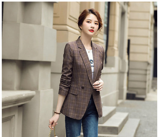 Blazer Cuadros Café Mujer Corte Relajado Otoño