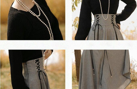 Conjunto Ejecutivo Falda Cuadrille con Corbatas Dobles para Mujer - Image 2