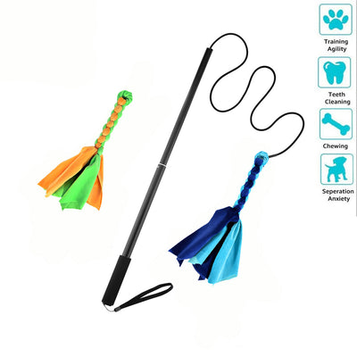 Black telescopic pet training rod with a black cord and two interchangeable braided fabric attachments in green/yellow and blue. - Image 12