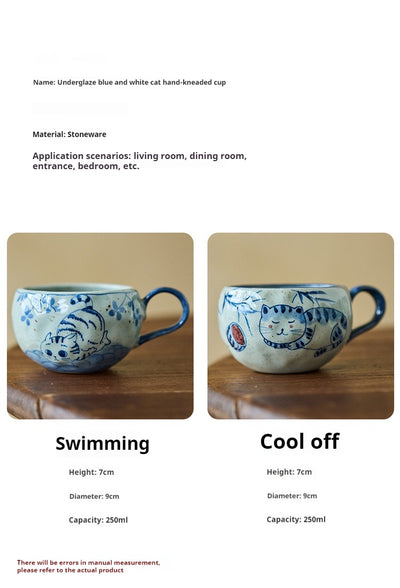 Taza de Café Artesanal de Porcelana Azul y Blanco con Diseño de Gato - Image 7