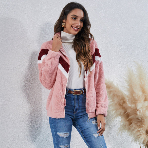 Chaqueta de Punto Alto Rayas Bolsillos Cierre Forro Suave