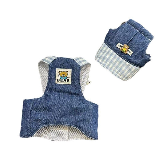 Denim and blue gingham pet harness with mesh back and a matching hat, both featuring cute bear and star patches. - Image 5