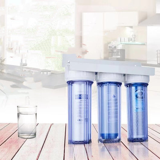 Purificador de Agua Doméstico Tres Etapas con Prefiltro Transparente de 10 Pulgadas