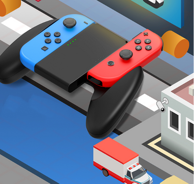 Black charging grip for Nintendo Switch Joy-Cons, shown in packaging and as a standalone unit, with blue and red controllers. - Image 13