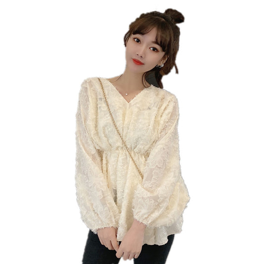 Blusa Suelta Talla Grande para Mujer con Escote V y Encaje