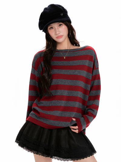 Suéter Tejido de Manga Larga con Rayas Rojas para Mujer - Image 9