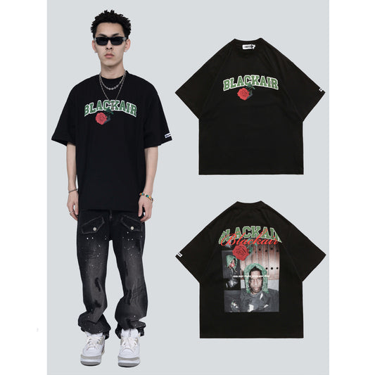 Camiseta Hombre Estilo Rap Urbano Retro Rosa Suelta Cuello Redondo