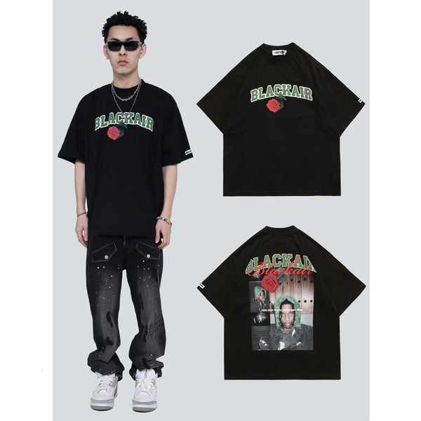 Camiseta Hombre Estilo Rap Urbano Retro Rosa Suelta Cuello Redondo