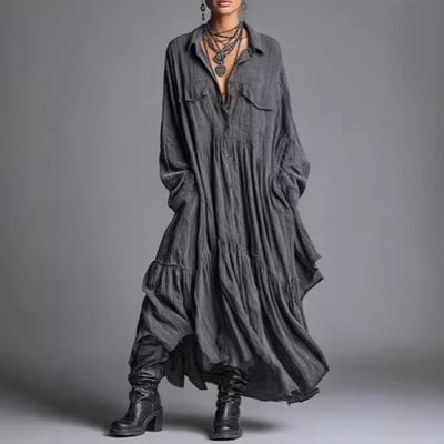 Vestido Camisero Retro Plisado Manga Larga Oversize - Image 2