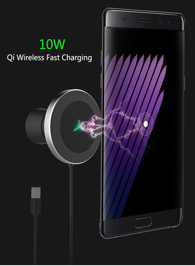 Silver and black car magnetic wireless charger with a blue indicator light, mounted on a car's air vent. - Image 12