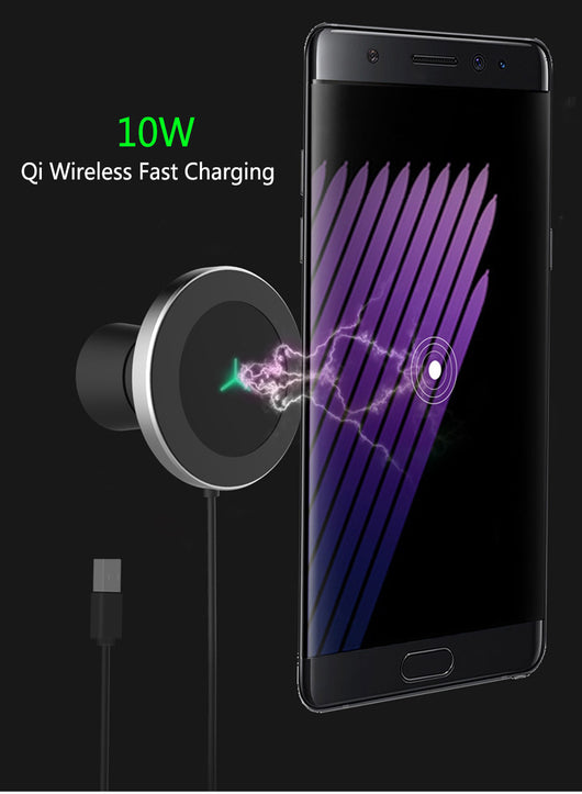Silver and black car magnetic wireless charger with a blue indicator light, mounted on a car's air vent. - Image 12