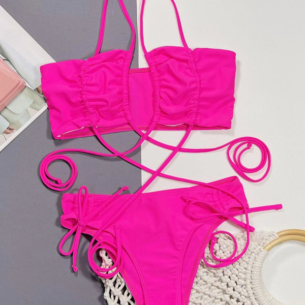 Bikini Dividido Mujer Traje de Baño Color Liso con Cordones Sexy