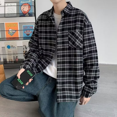 Camisa de Cuadros Negra Suelta y Casual de Manga Larga para Hombre - Image 4