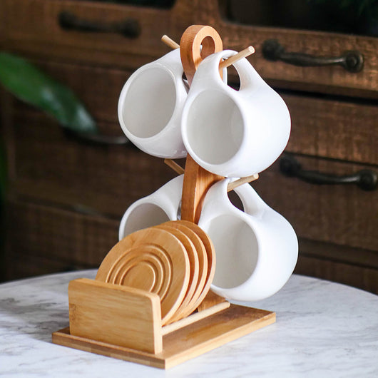 Juego de 6 Tazas de Cerámica 200ml con Soporte de Bambú y Posavasos Antideslizantes - Image 10