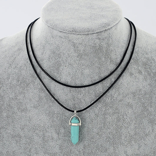 Collar Colgante de Piedra Natural con Cuerda de Cuero Doble y Cristal Hexagonal - Image 26