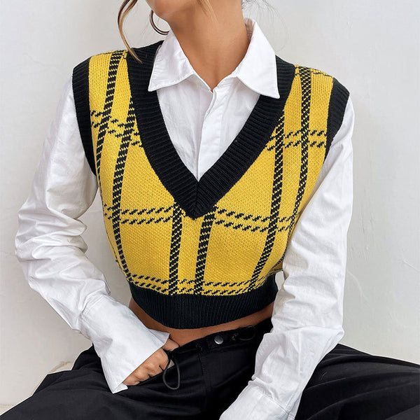Chaleco Cuadrillé Escote V para Mujer