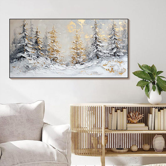 Cuadro Óleo Artesanal Escena Invernal Navideña con Pinos Dorados para Decoración del Hogar - Image 3