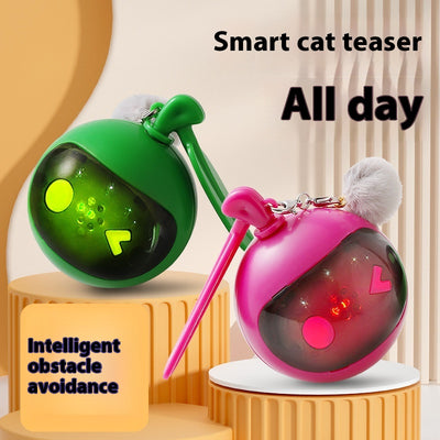 Rose red and black spherical cat toy with a grey pom-pom and suction cup base for self-play.