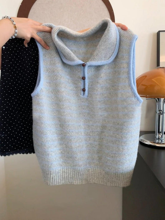 Chaleco Tejido a Rayas Azul y Blanco - Estilo Coreano Casual para Otoño - Image 8
